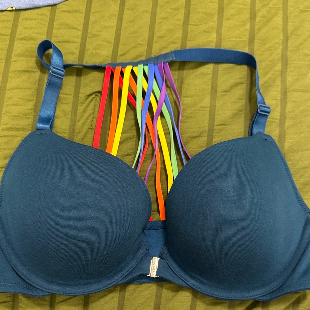 Cacique Teal Bra with Multicolor Straps